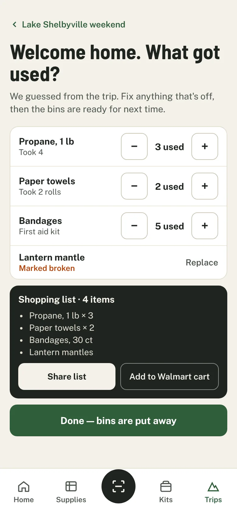 After-trip screen: adjust what got used and build a shopping list